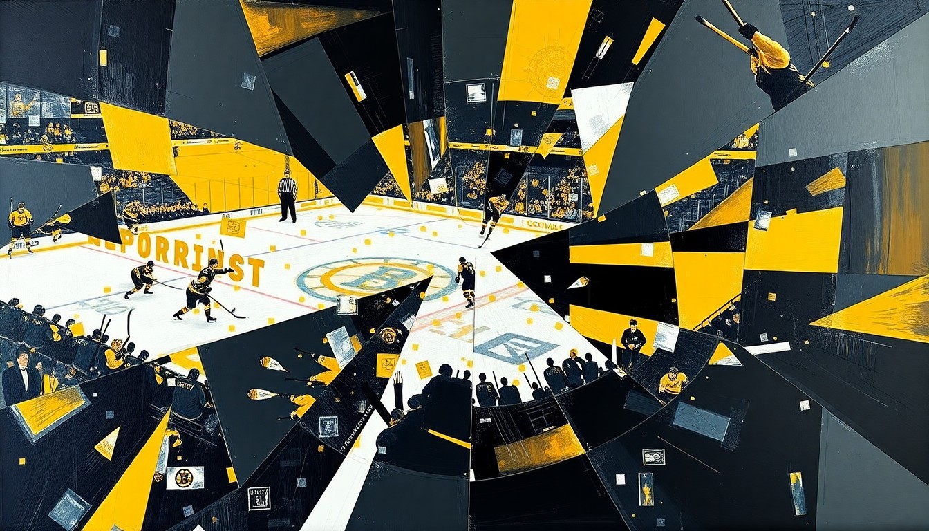 A fractured, geometric painting in shades of black, gold, and white, depicting a Bruins hockey game broken down into sharp, overlapping planes, conceptually representing the intensity and energy of the team's playoff run.