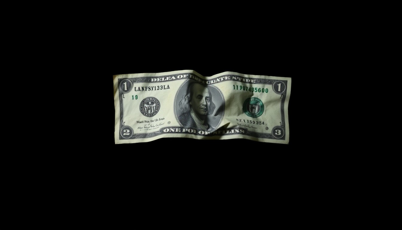An extreme close-up photograph of a crumpled $20 bill against a pitch-black background, lit by a harsh, direct camera flash, conceptually representing the financial exploitation of an elderly victim.