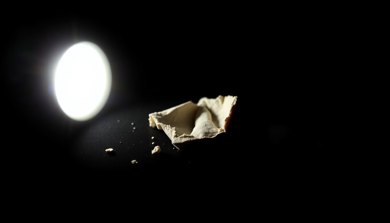 An extreme close-up photograph of a broken household object, such as a shattered vase or picture frame, lit by a harsh, direct camera flash against a pitch-black background, conveying the serious, investigative nature of the crime scene.