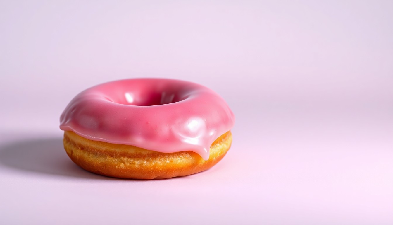 A close-up, photorealistic image of a single Krispy Kreme Strawberry Original Glazed doughnut, featuring a glossy, vibrant pink glaze and fluffy texture, set against a clean, white background with dramatic studio lighting.