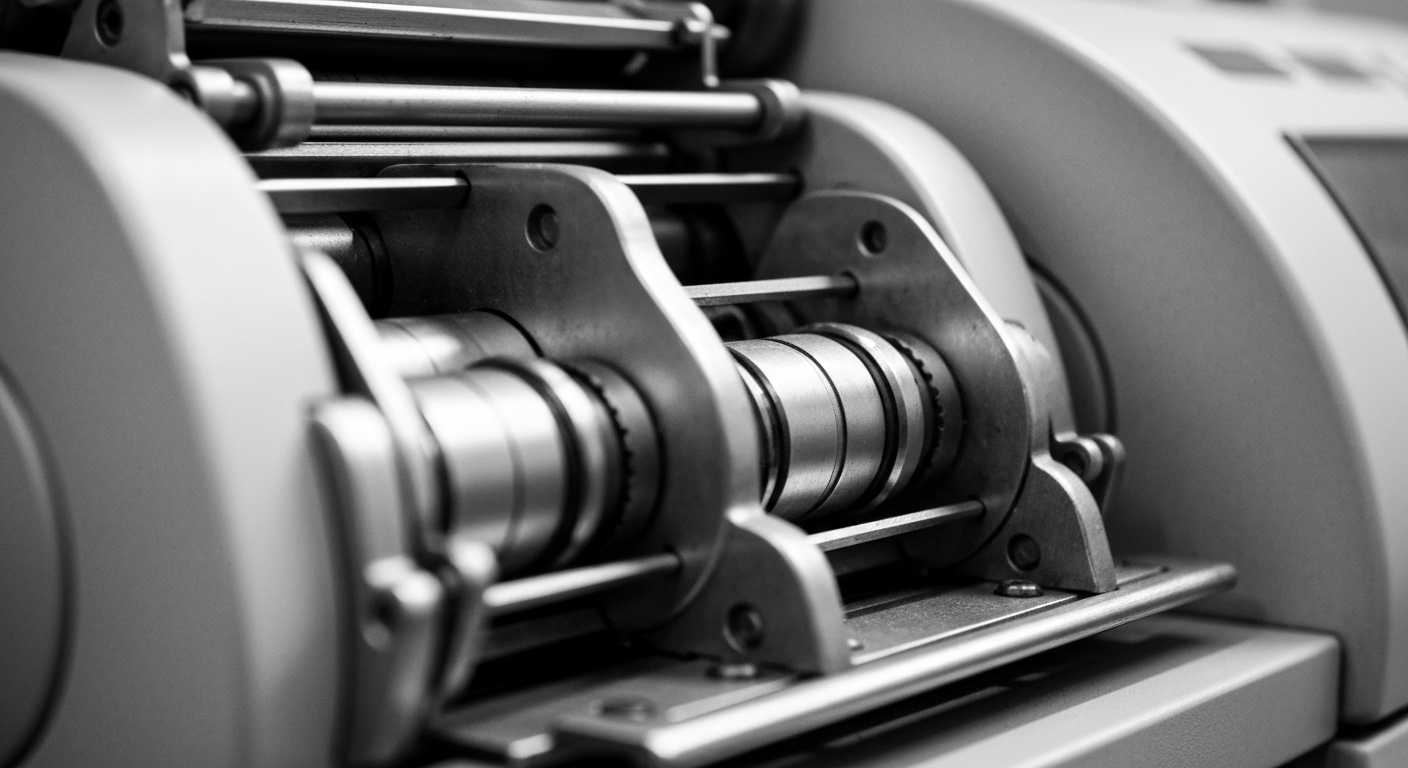 An extreme close-up of a complex, metallic banking mechanism with gears, levers, and polished surfaces, conceptually representing the strength and security of financial institutions.