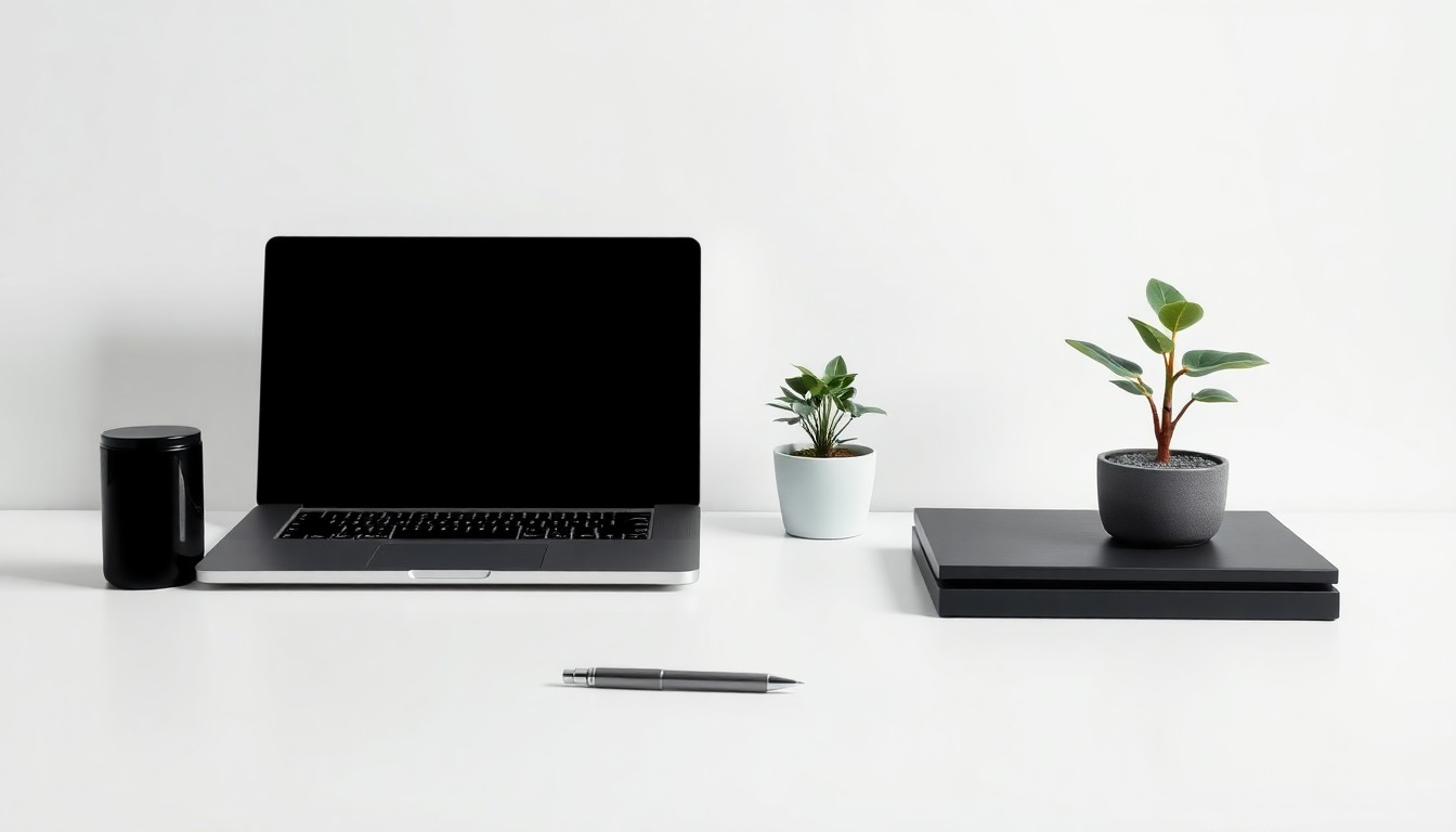 A high-end, photorealistic studio still-life photograph featuring a sleek, modern desk with a laptop, pen, and a small potted plant arranged elegantly on a clean, white background. The objects are made from polished materials like metal, glass, and ceramic, creating a sense of sophistication and corporate strategy.