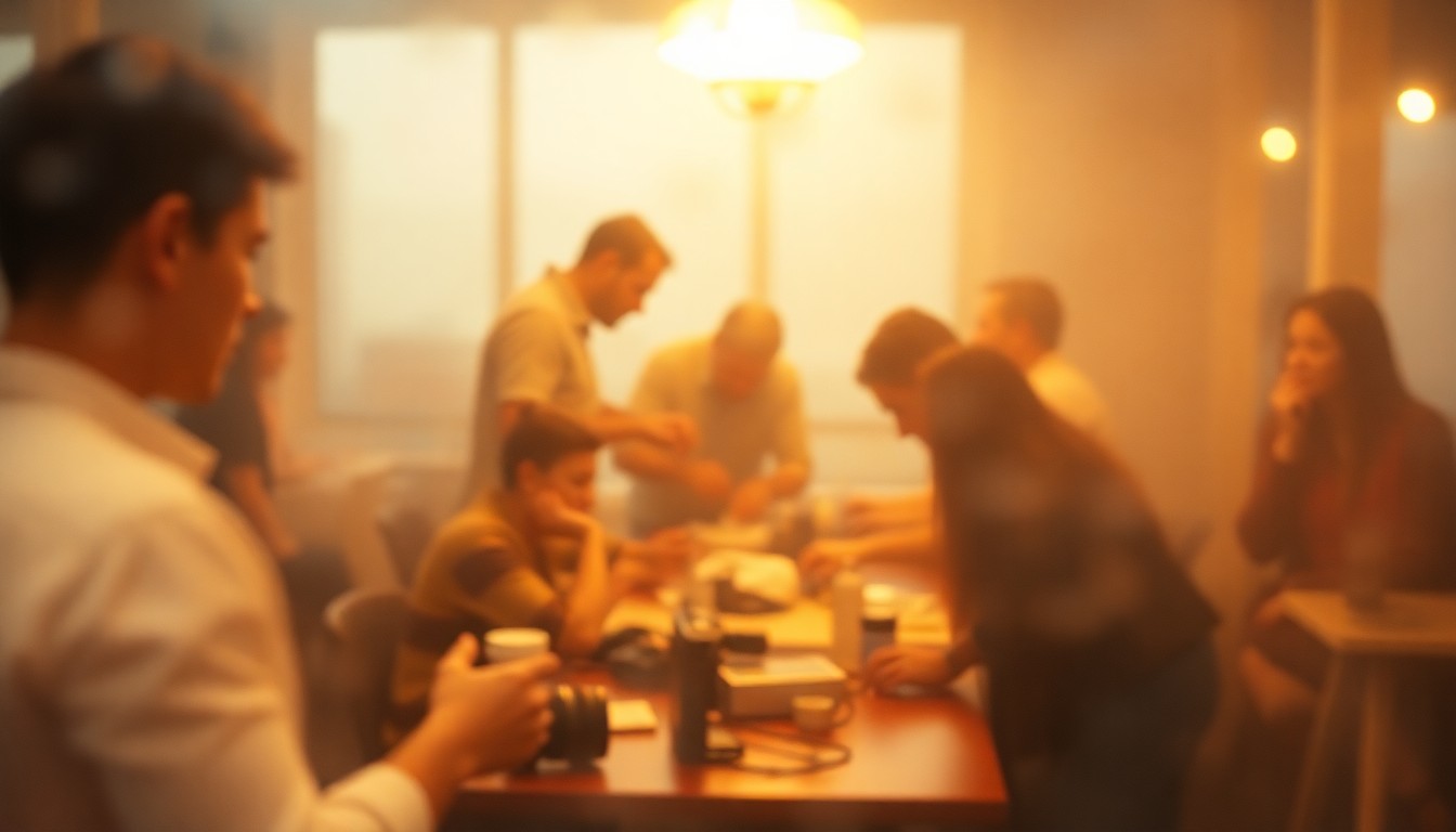 An abstract, out-of-focus scene of people gathered around a table, working with photographic equipment, captured in soft pools of warm color and light, evoking a sense of nostalgia and wonder.