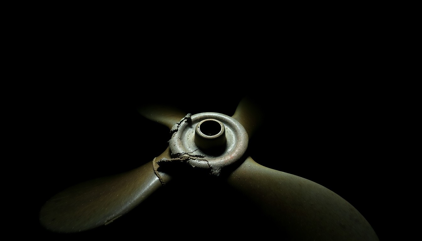 An extreme close-up photograph of a damaged boat propeller, conceptually illustrating the aftermath of a military strike on a suspected drug smuggling vessel.