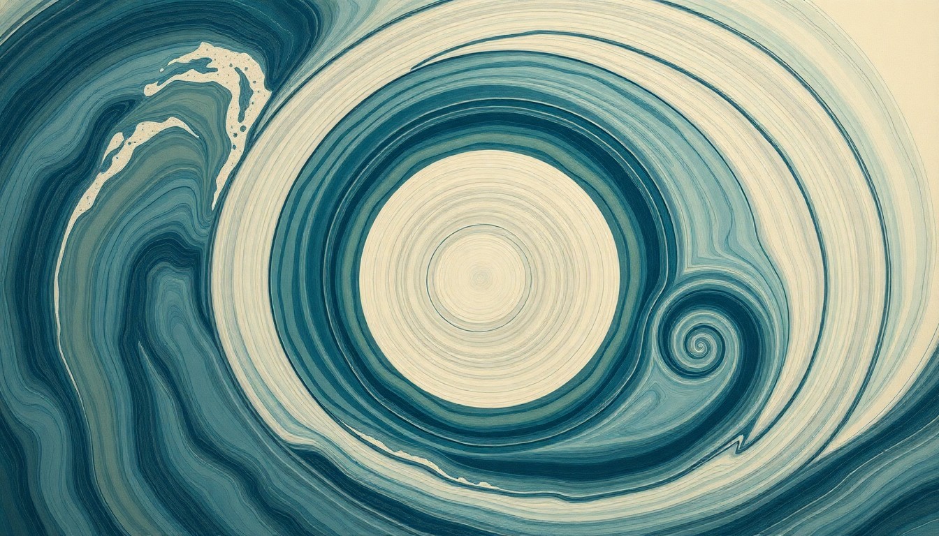 A bold, abstract painting in muted tones of blue, green, and brown, featuring sweeping geometric arcs, concentric circular patterns, and precise botanical spirals. The composition resembles a complex scientific diagram visualizing the dynamic interplay of ocean currents, eddies, and temperature gradients.
