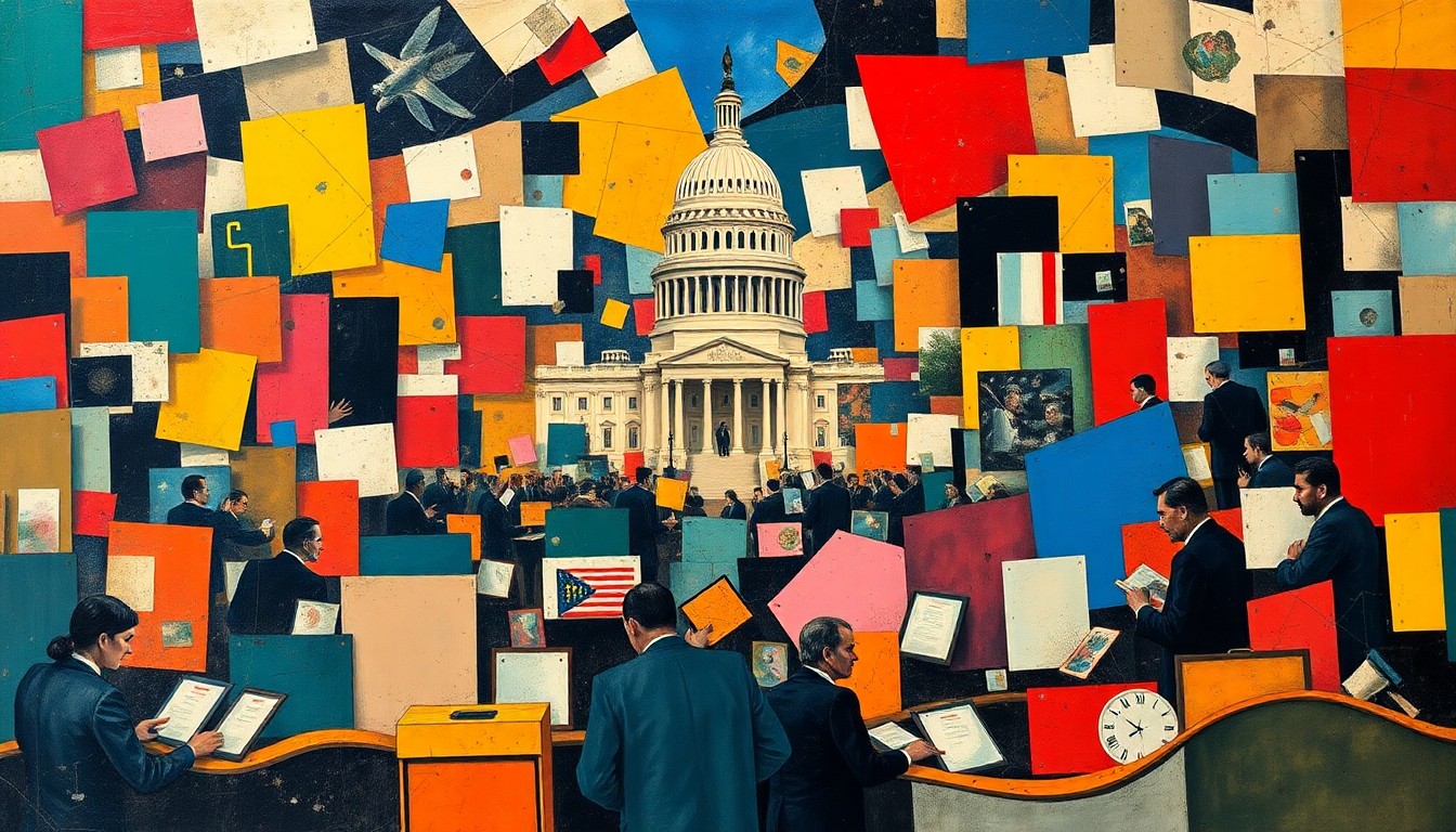 An abstract, fragmented painting with overlapping geometric shapes and bold, clashing colors, conceptually representing the chaos and gridlock of the political standoff over Homeland Security funding.