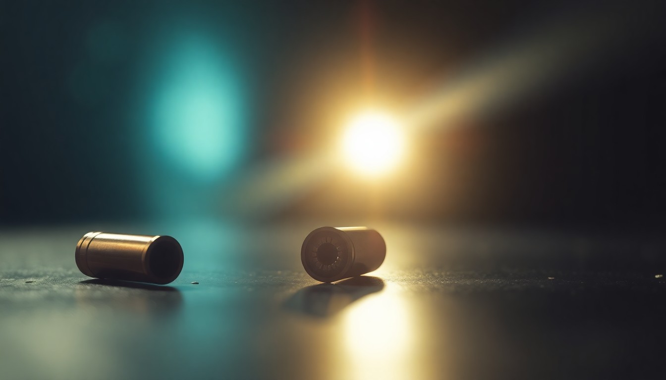 An extreme close-up of a single spent shell casing on a dark surface, creating a stark, gritty, investigative aesthetic through the use of harsh, direct lighting.