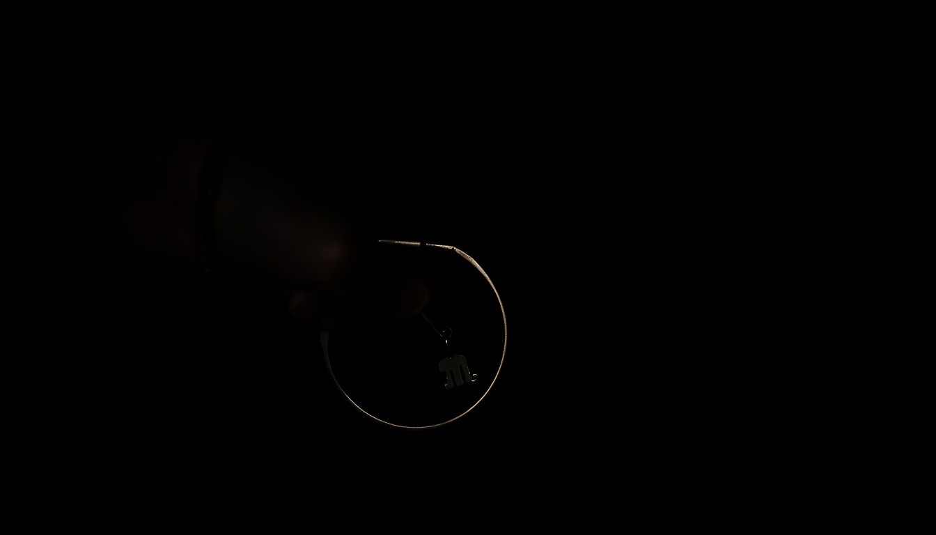 An extreme close-up photograph of a single metal handcuff or prison key, lit dramatically by a harsh, direct camera flash against a pitch-black background, conveying a sense of gritty investigation into a prison-related incident.