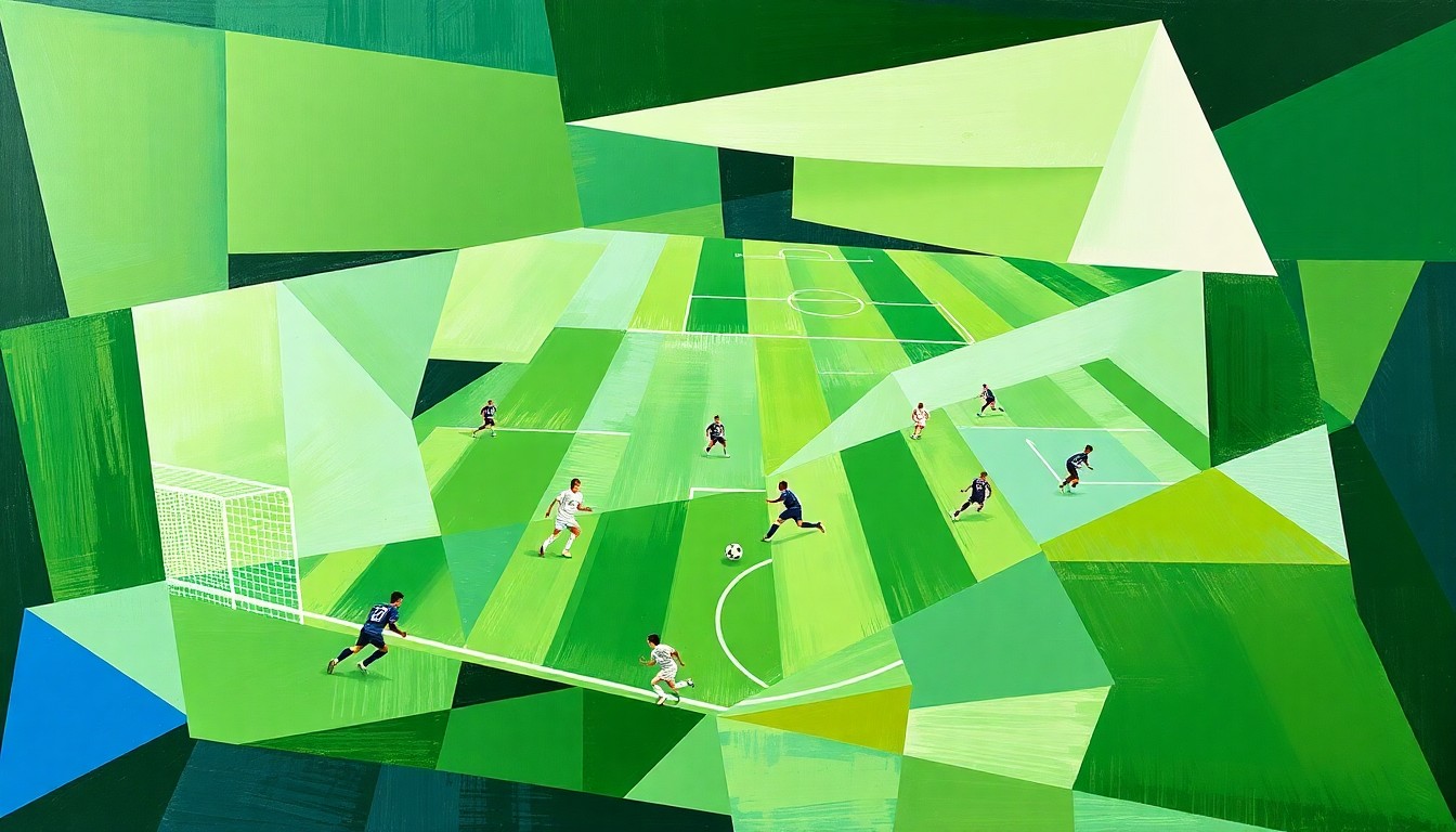 A fragmented, geometric painting depicting the dynamic movements and energy of a high school soccer match, with overlapping planes of green, white, and blue.