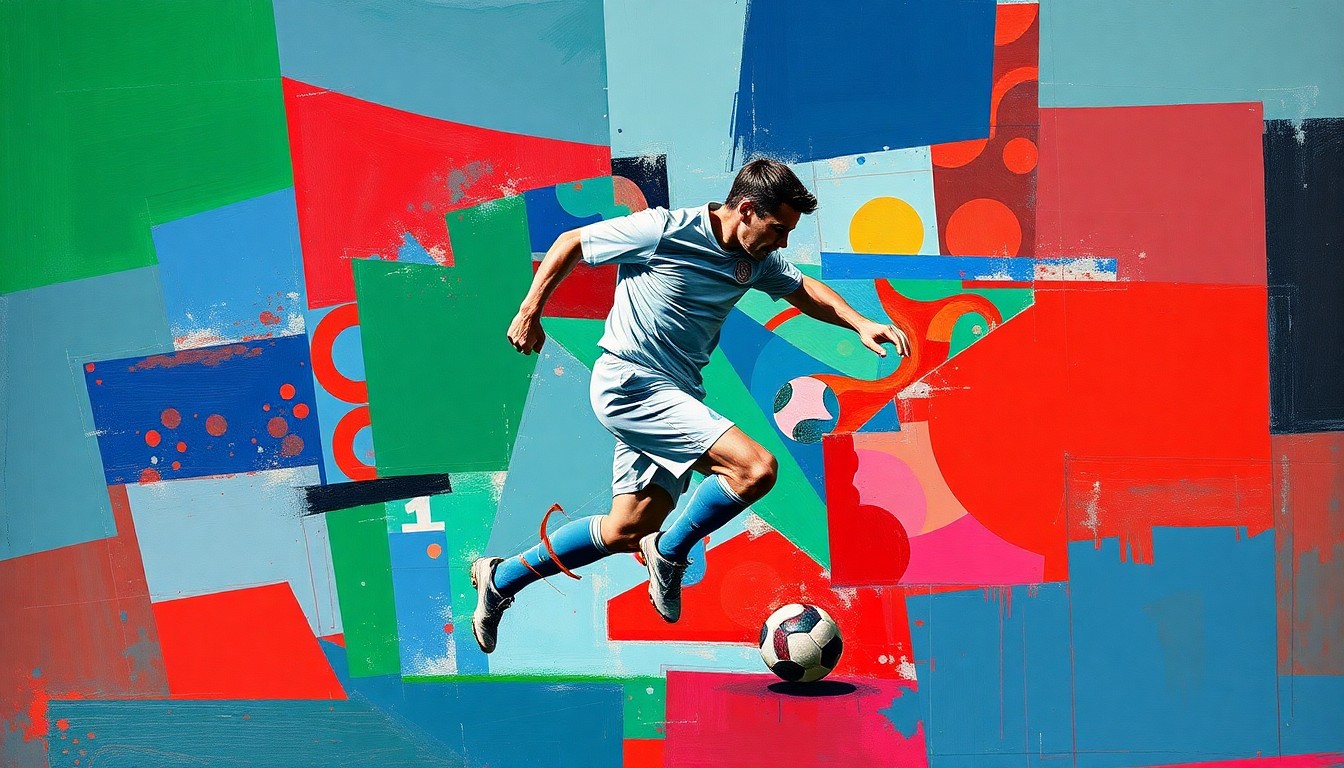 A cubist-style painting depicting a football player in mid-stride, the ball in his hands, surrounded by fragmented geometric shapes and planes in a vibrant color palette, capturing the dynamic energy of the sport.