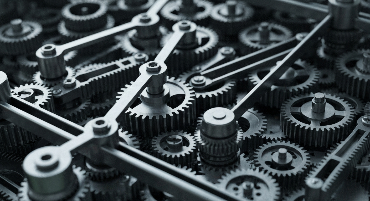 An extreme close-up of a complex network of metal gears, pulleys, and levers, conceptually representing the intricate financial mechanics and infrastructure behind a major investment firm's strategic decisions.