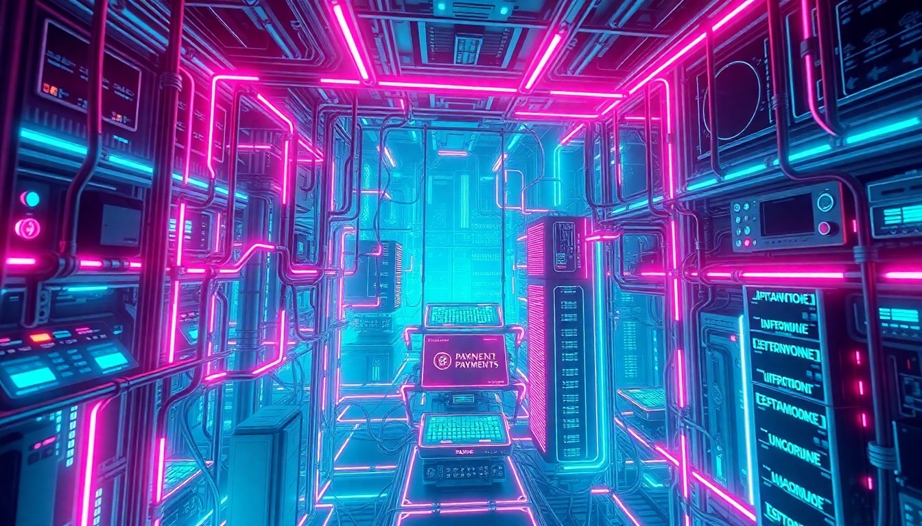A highly detailed, glowing 3D illustration of a futuristic payment processing hub, with neon cyan and magenta lights illuminating the intricate network of cables, servers, and data centers, conceptually representing the advanced technology powering the global financial system.