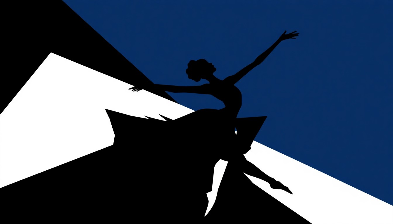 An abstract, minimalist illustration featuring bold, angular shapes in black, white, and deep blue, representing the fluid movements and artistic expression of ballet.