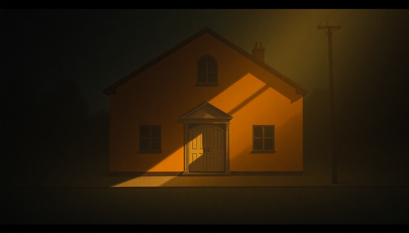 A serene, photorealistic painting of a village hall building in warm, golden sunlight, with deep shadows casting across the facade, conveying a sense of quiet contemplation about the challenges facing local government.