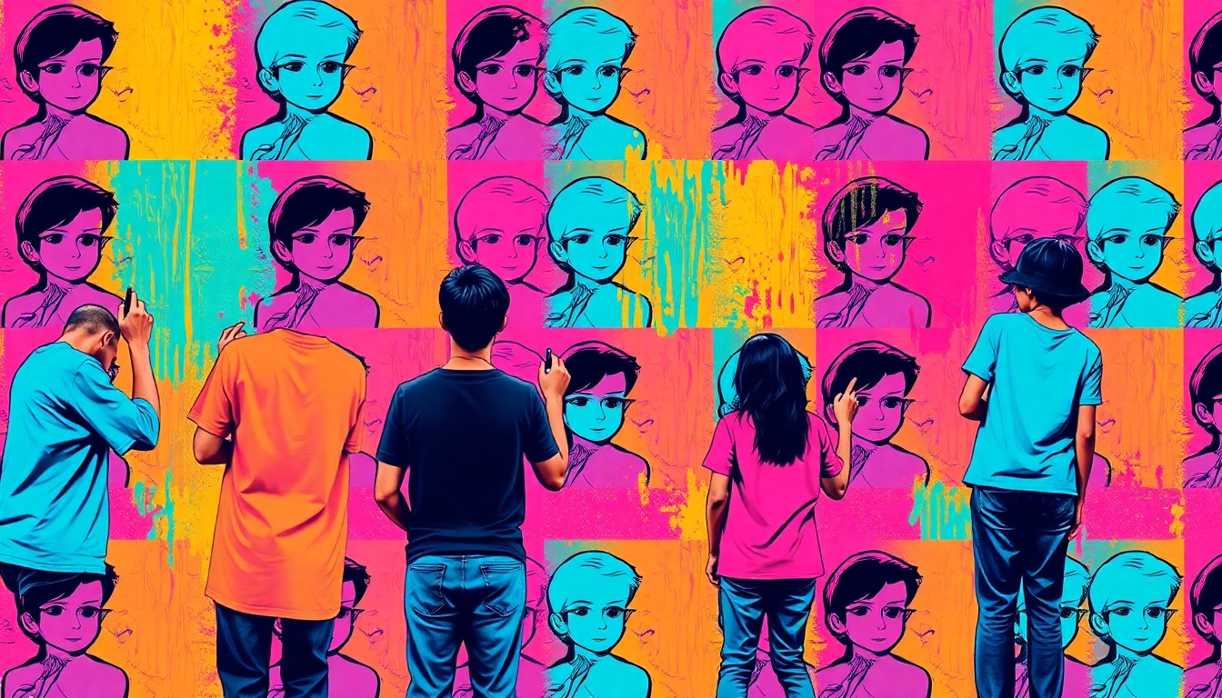 A colorful, abstract grid of students painting a mural, using bold brushstrokes and neon colors to capture the collaborative energy of the community art project.