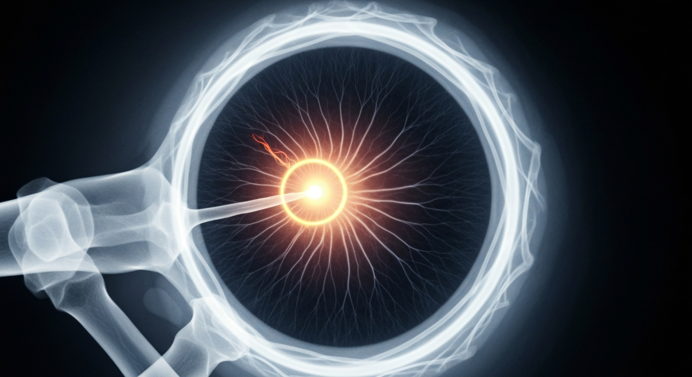 A ghostly, translucent X-ray photograph revealing the intricate internal structure of an eye, with a glowing, neon-like optic nerve and retina, conceptually illustrating the potential of Curative Biotechnology's metformin-based therapy to address degenerative eye conditions.