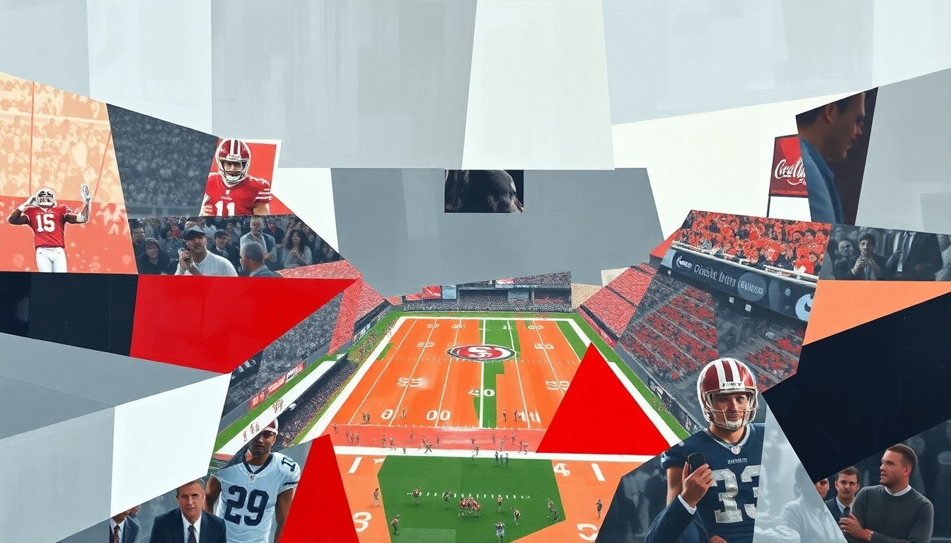 A cubist, geometric painting depicting fragmented scenes of football players, the NFL Draft, and Ohio State's iconic scarlet and gray colors, conveying the multi-faceted talent that emerges from the Buckeyes' program.