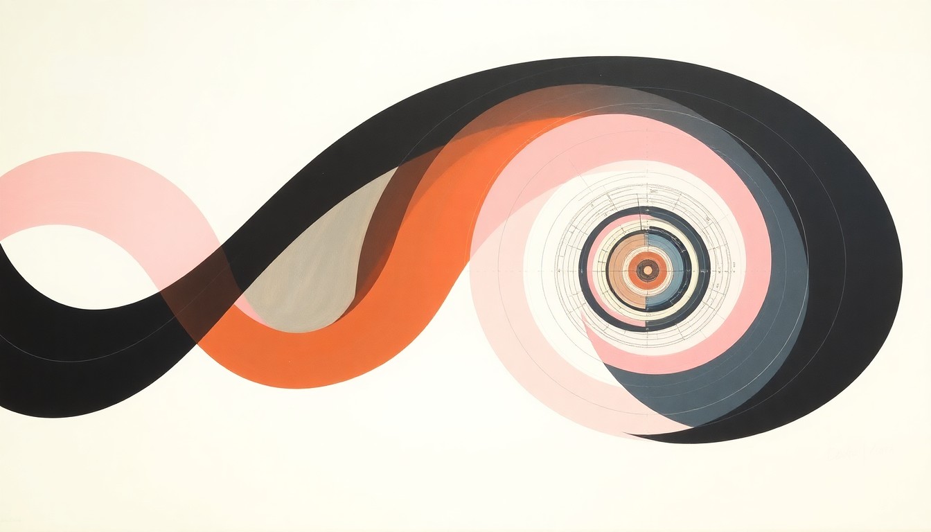 A bold, abstract painting in soft blues, greens, and grays, featuring sweeping geometric arcs, intersecting waveforms, and precise botanical spirals, conceptually representing the complex cognitive forces at play between passive social media consumption and active engagement with challenging creative works.