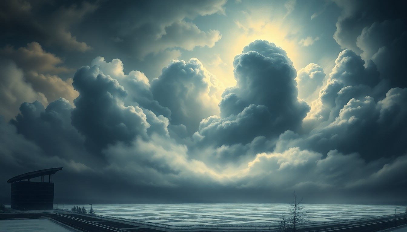 A sweeping, atmospheric landscape painting depicting the partially destroyed Yost Ice Arena, its damaged roof obscured by a massive, swirling storm system of heavy clouds and dramatic lighting, conveying the overwhelming power of the natural disaster.