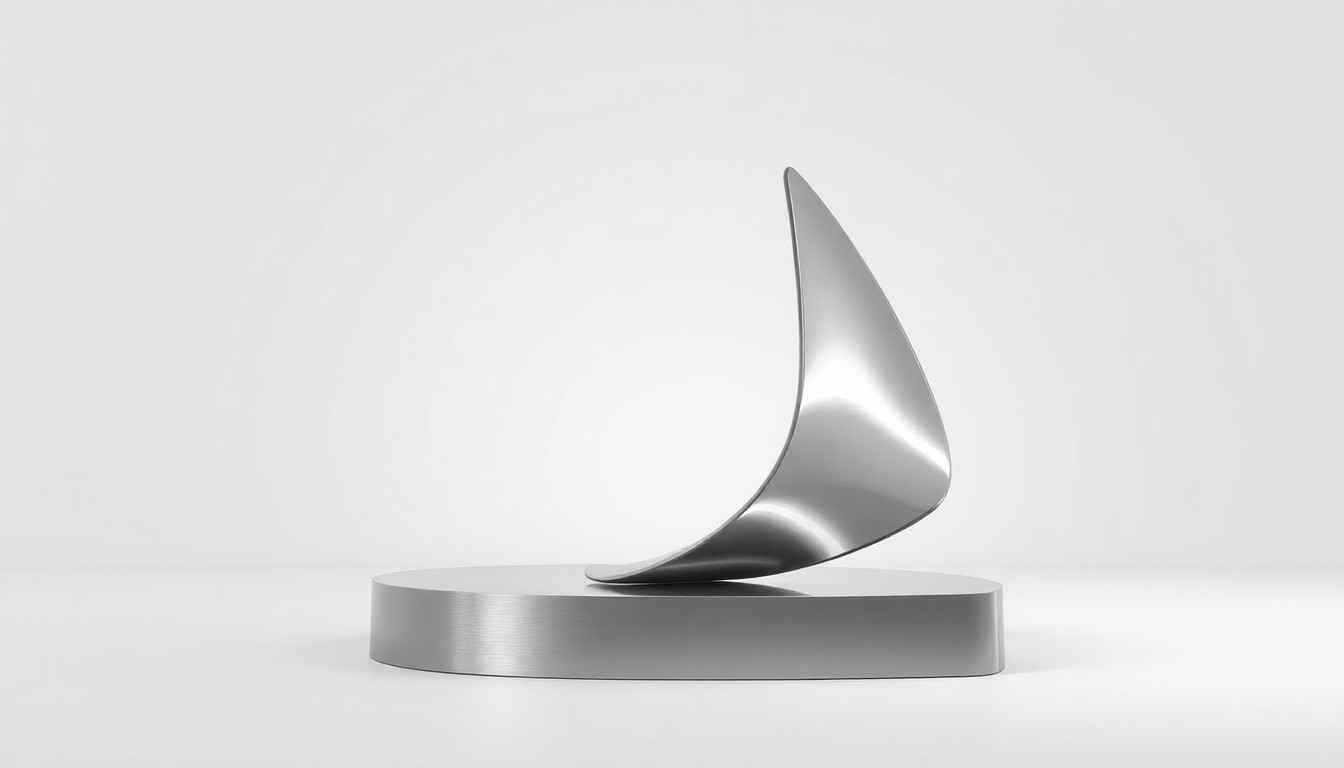 A highly reflective, geometric sculpture made of brushed metal and glass, floating on a clean white background, representing the abstract concepts of corporate culture, employee trust, and emotional connection within a technology company.