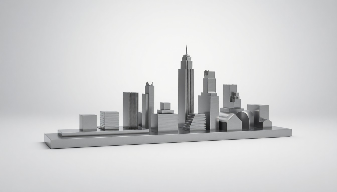 A highly polished, geometric metal sculpture in the shape of the Atlanta skyline, resting on a clean, monochromatic background and reflecting the city's modern architecture and economic progress.