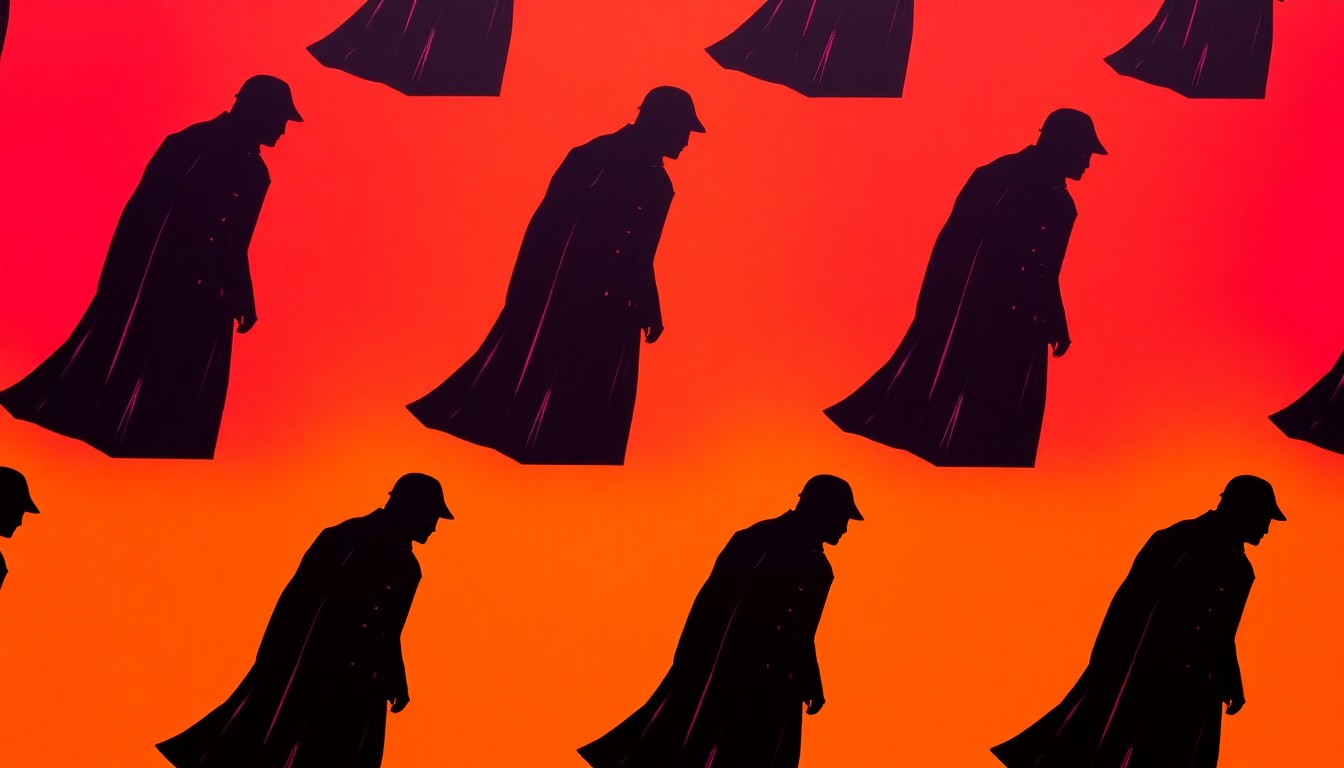 A brightly colored, high-contrast silkscreen print of a shadowy figure in a long black coat, repeated in a tight grid pattern against a background of neon colors, conceptually representing the unsettling nature of urban legends that turn out to be true.