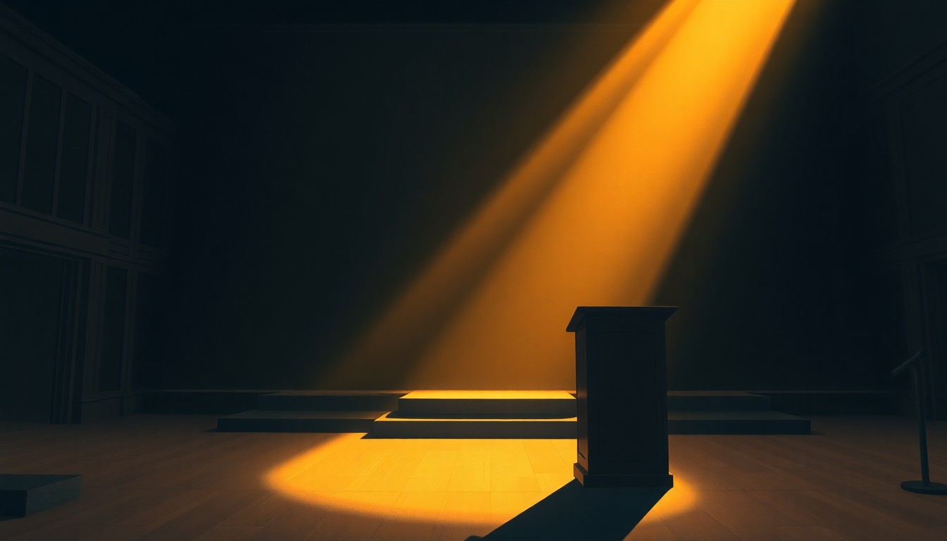 A dimly lit, cinematic painting of a solitary podium or lectern in a town hall setting, with warm sunlight and deep shadows creating a contemplative, nostalgic mood.
