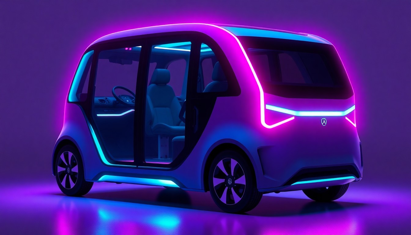 A highly detailed, glowing 3D illustration of an autonomous electric MOIA ID. Buzz microbus with neon cyan and magenta lights illuminating its sleek, futuristic exterior, conceptually representing the advanced technology behind the companies' robo-taxi pilot.
