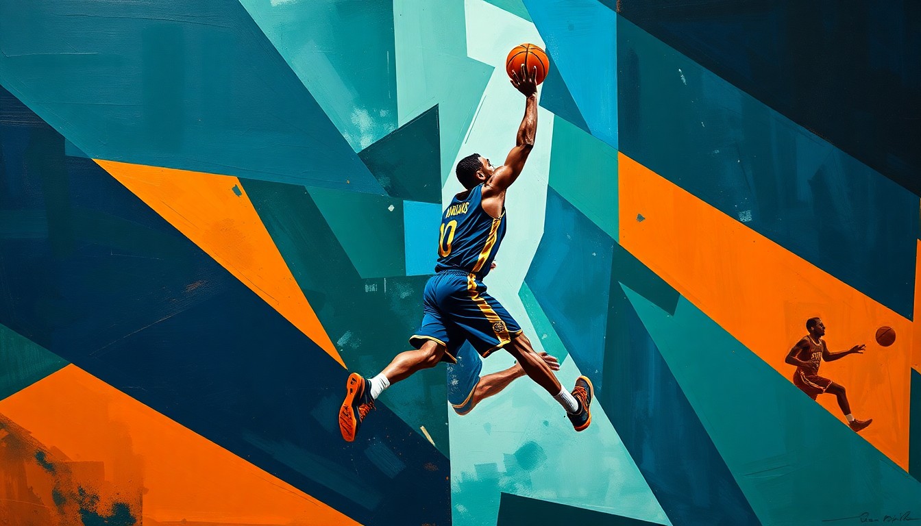 A cubist-style painting depicting a basketball player's movements broken down into sharp, overlapping geometric shapes in navy, green, and orange, conveying the disruption and transition facing the Providence basketball team.