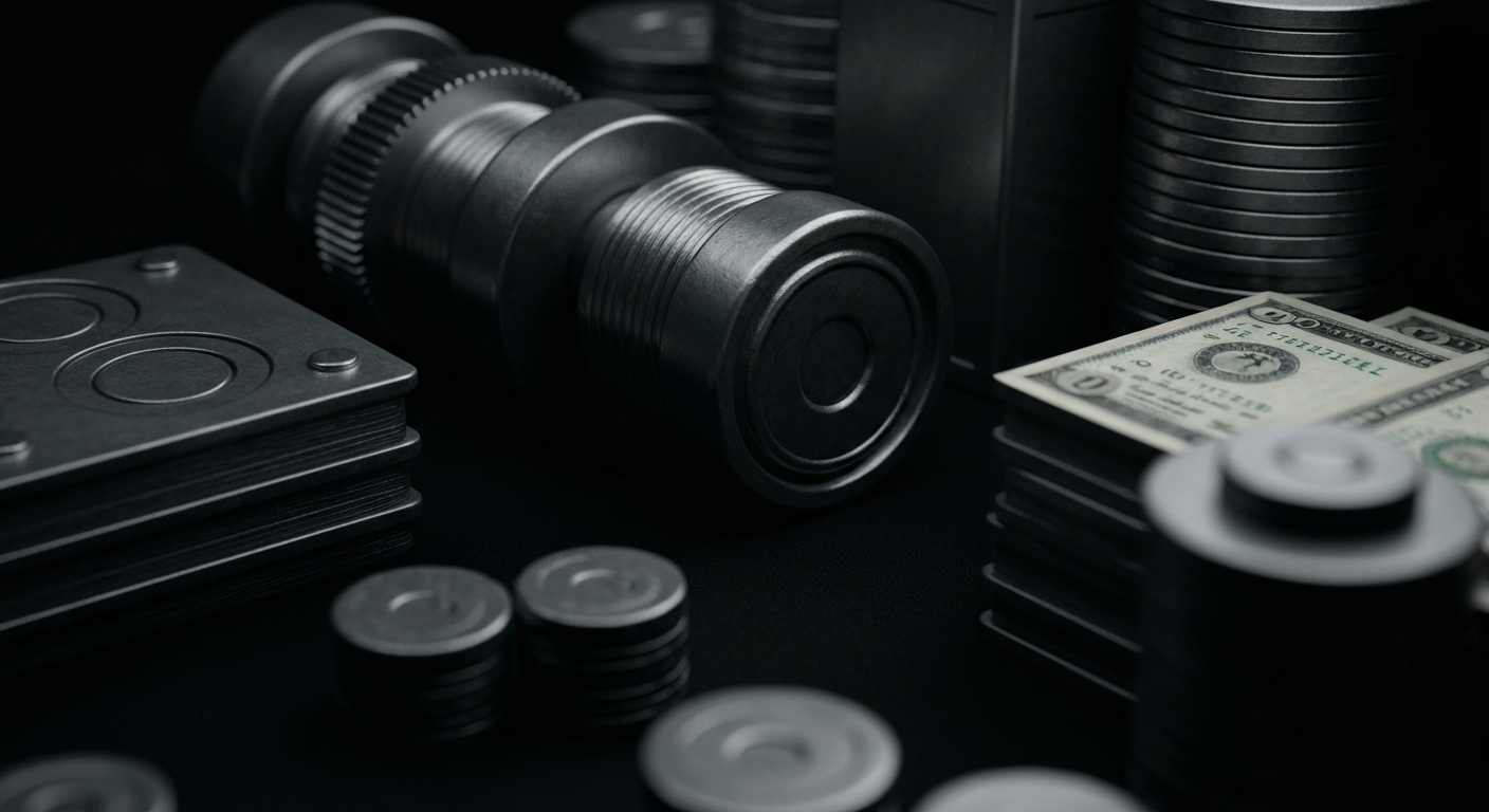 An extreme close-up of gears, levers, and other industrial banking machinery, rendered in a high-contrast, cinematic style that evokes a sense of financial security and institutional power.