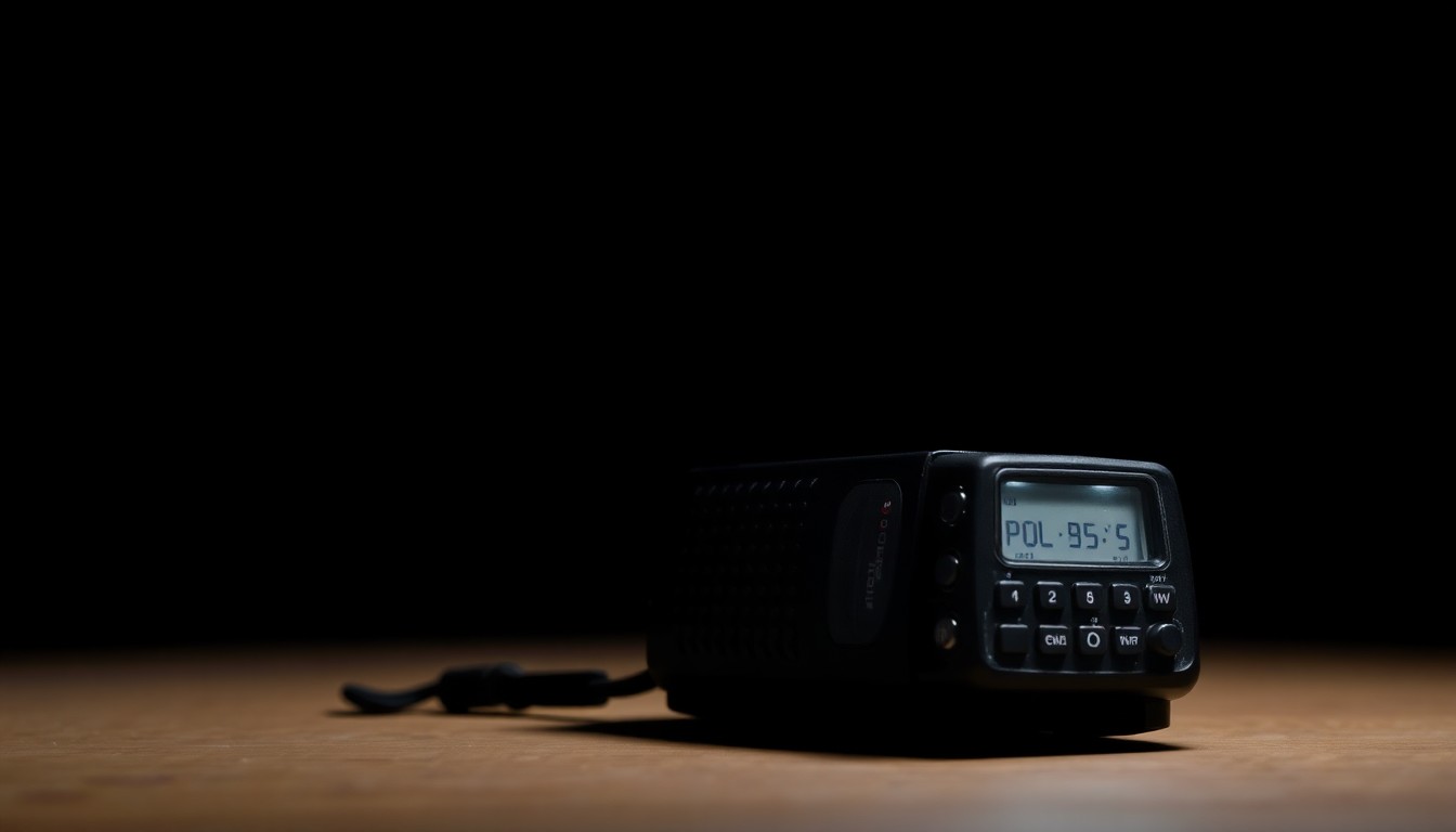 An extreme close-up photograph of a police radio or other small law enforcement equipment, lit by a harsh, direct camera flash against a pitch-black background, conveying a sense of urgency and investigation in the search for a missing person.