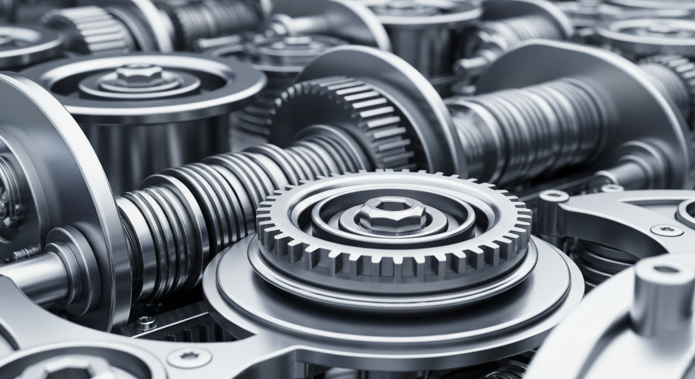 A highly detailed, cinematic close-up of heavy, metallic banking machinery and mechanisms, conveying the complex, industrial nature of modern financial infrastructure without using any literal currency or charts.