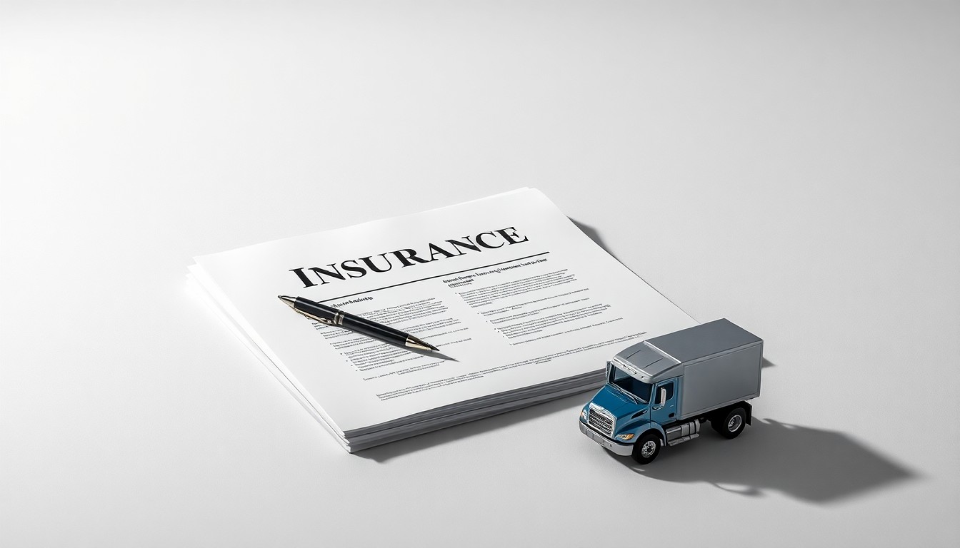 A high-end, photorealistic studio still-life photograph featuring a stack of insurance documents, a pen, and a truck model arranged elegantly on a clean, monochromatic background, conceptually representing the specialized expertise and partnership between Fundamental Underwriters and its top-performing brokers.