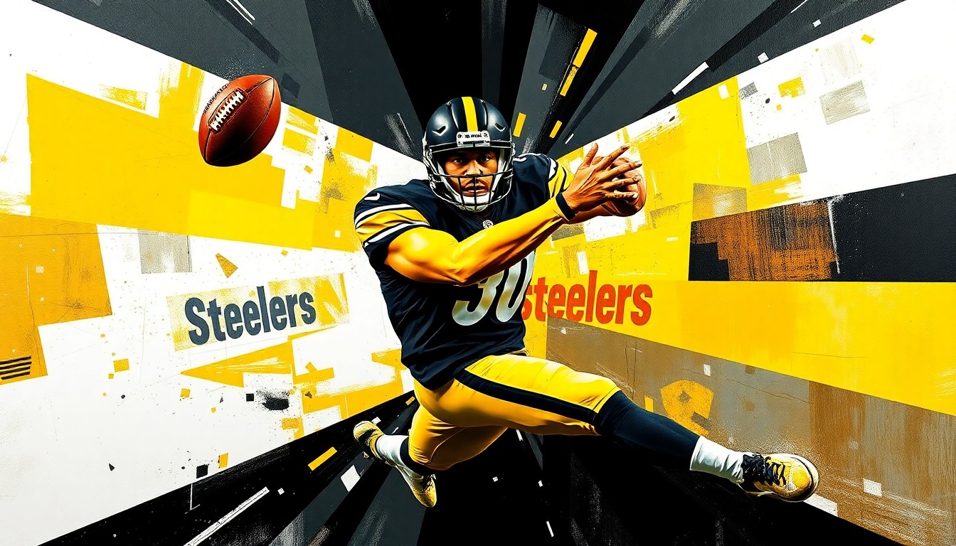 A cubist, geometric painting depicting a football player in mid-catch, with the player's form broken down into overlapping planes of black, gold, and white, conceptually representing the analytical eye Hines Ward will bring to scouting the next Steelers star.