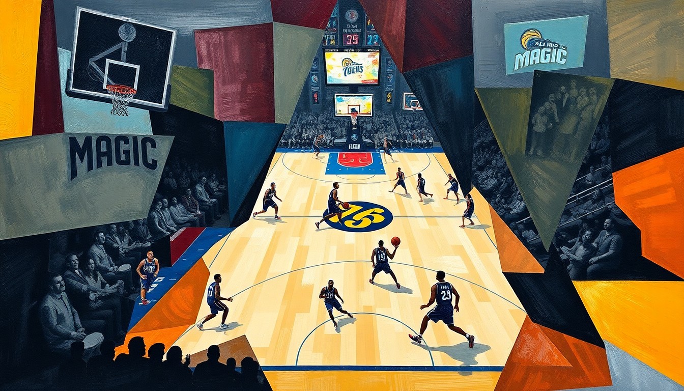 An abstract, cubist painting depicting a basketball game between the Philadelphia 76ers and Orlando Magic, with the players' movements and the court's lines broken down into sharp, overlapping geometric shapes and planes.