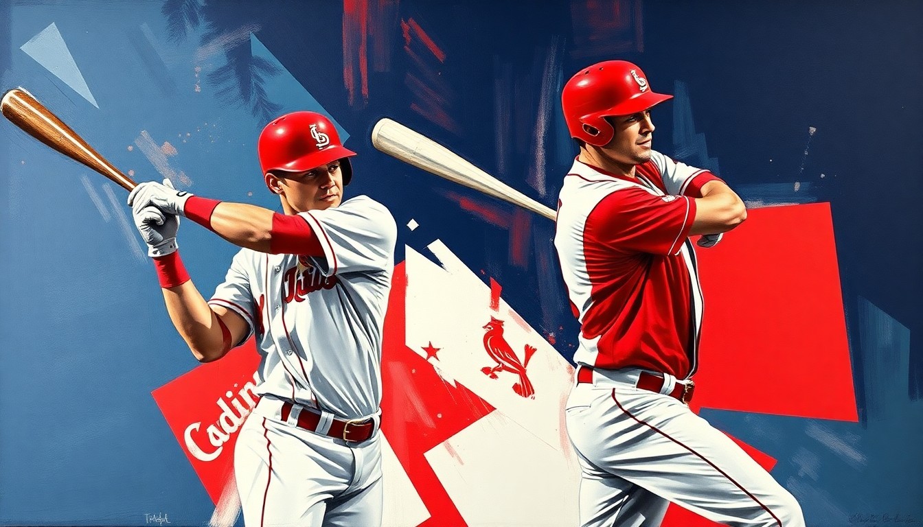 A cubist, geometric painting depicting the explosive power and movement of a baseball player's swing, with the player's form fractured and abstracted into sharp, overlapping planes of red, white, and navy blue.