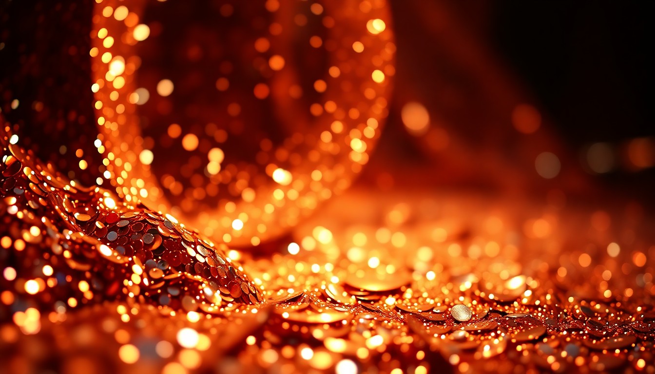 An abstract close-up image featuring shimmering sequins and glittering disco glass, captured in dramatic high-contrast studio lighting to convey the glamorous, high-fashion aesthetic of Coachella's celebrity culture.