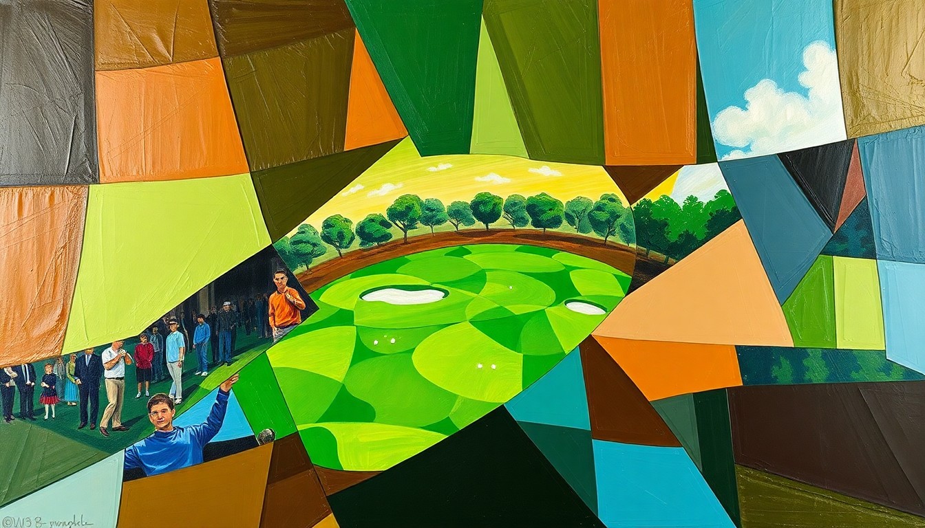 A fragmented, geometric painting in vibrant shades of green, brown, and blue, capturing the dynamic action of a golf tournament in an abstract, cubist style.
