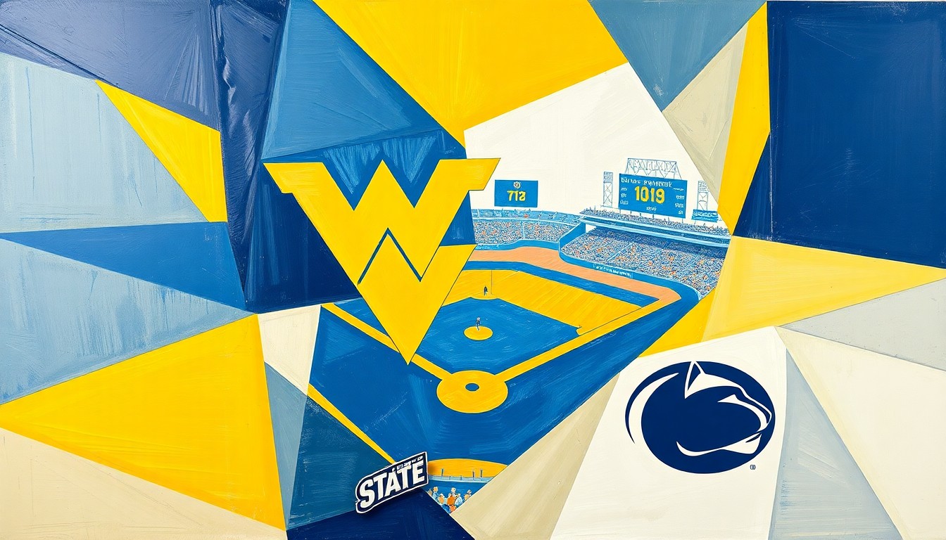 A fractured, geometric painting in shades of blue and gold representing West Virginia and blue and white for Penn State, with sharp overlapping planes conveying the intensity of a college baseball game.