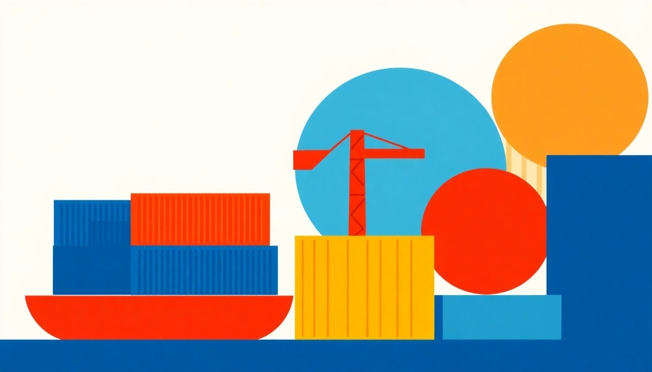 A composition of overlapping triangles and rectangles in shades of red, blue, and yellow, conceptually representing the rising import prices and inflationary pressures in the U.S. economy.