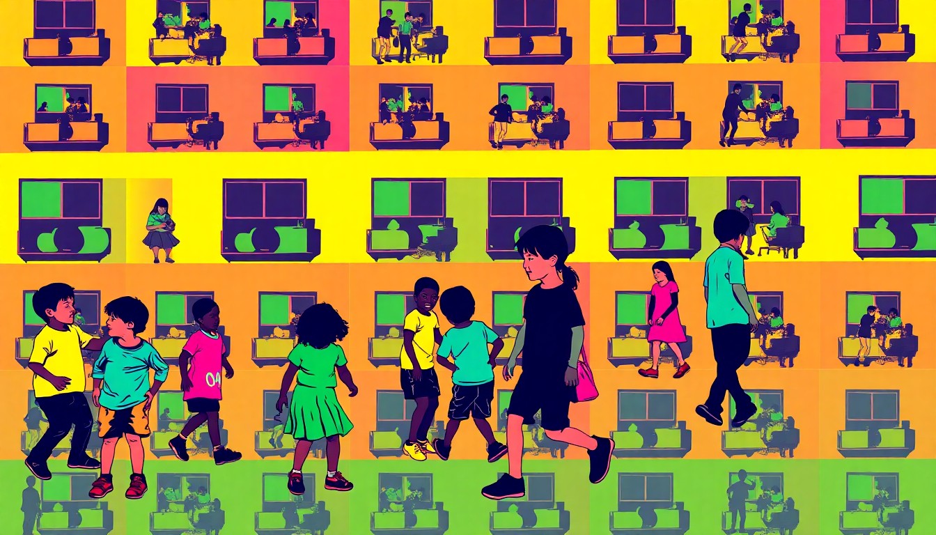 A brightly colored, abstract grid of children playing on a colorful playground, capturing the joyful energy and community spirit of the Boys & Girls Club's grand reopening.