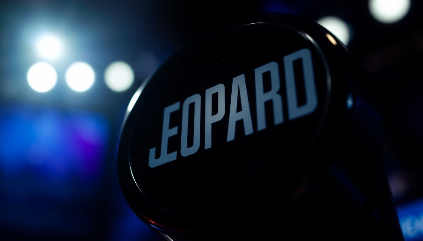 An extreme close-up photograph of a Jeopardy! game show buzzer, capturing the intricate texture and high-contrast lighting that evokes the tension and excitement of the iconic television program.