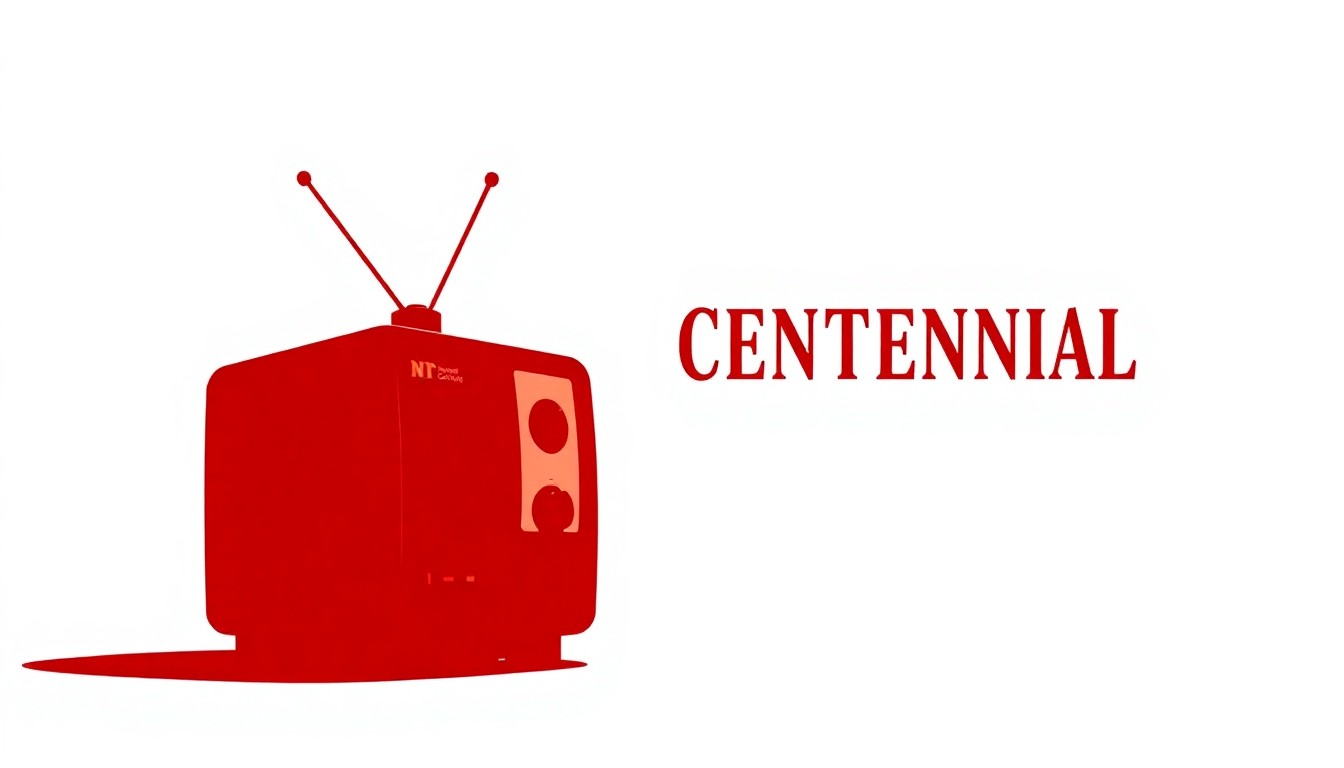 A striking black silhouette of a vintage television set against a high-contrast red and white background, representing the iconic status of the 'Centennial' miniseries and the in-depth exploration of its production in a new book.