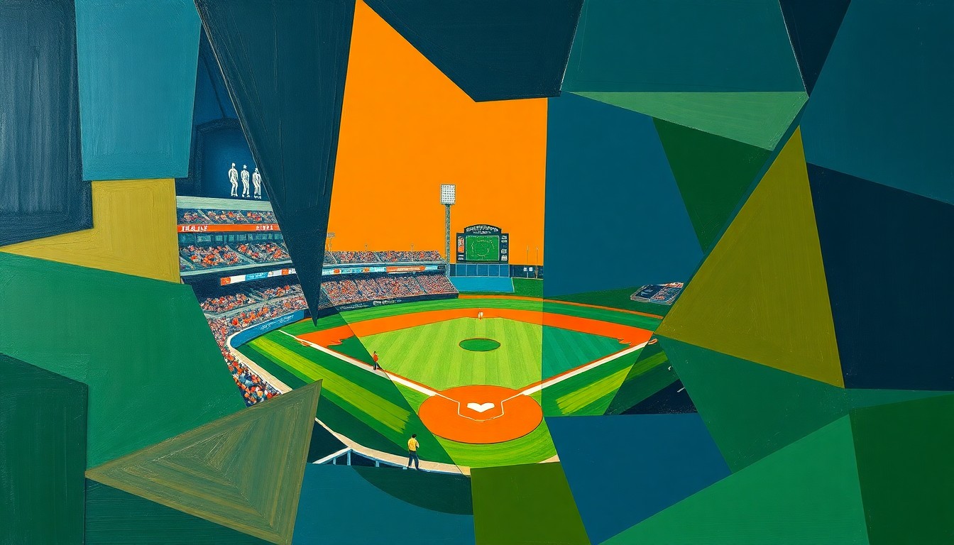 A cubist, geometric painting depicting a baseball game broken down into overlapping planes of navy, green, and orange, capturing the dynamic energy of the sport.