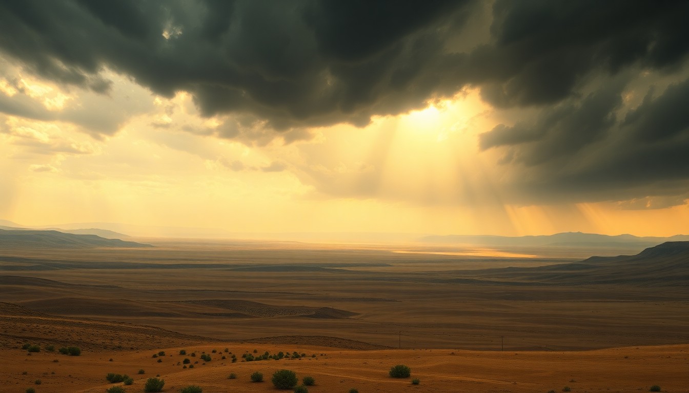 A sweeping, atmospheric landscape painting in muted earth tones, depicting an expansive, arid Idaho countryside under a heavy, ominous sky, conveying the overwhelming, sublime scale of the drought's impact on the region.