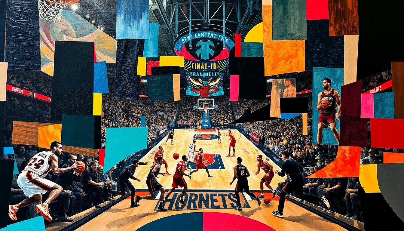 A cubist, geometric painting depicting the final moments of the Hornets-Heat play-in game, with overlapping shapes and planes representing the players, the ball, and the scoreboard, conveying the intense action and high stakes of the game's conclusion.