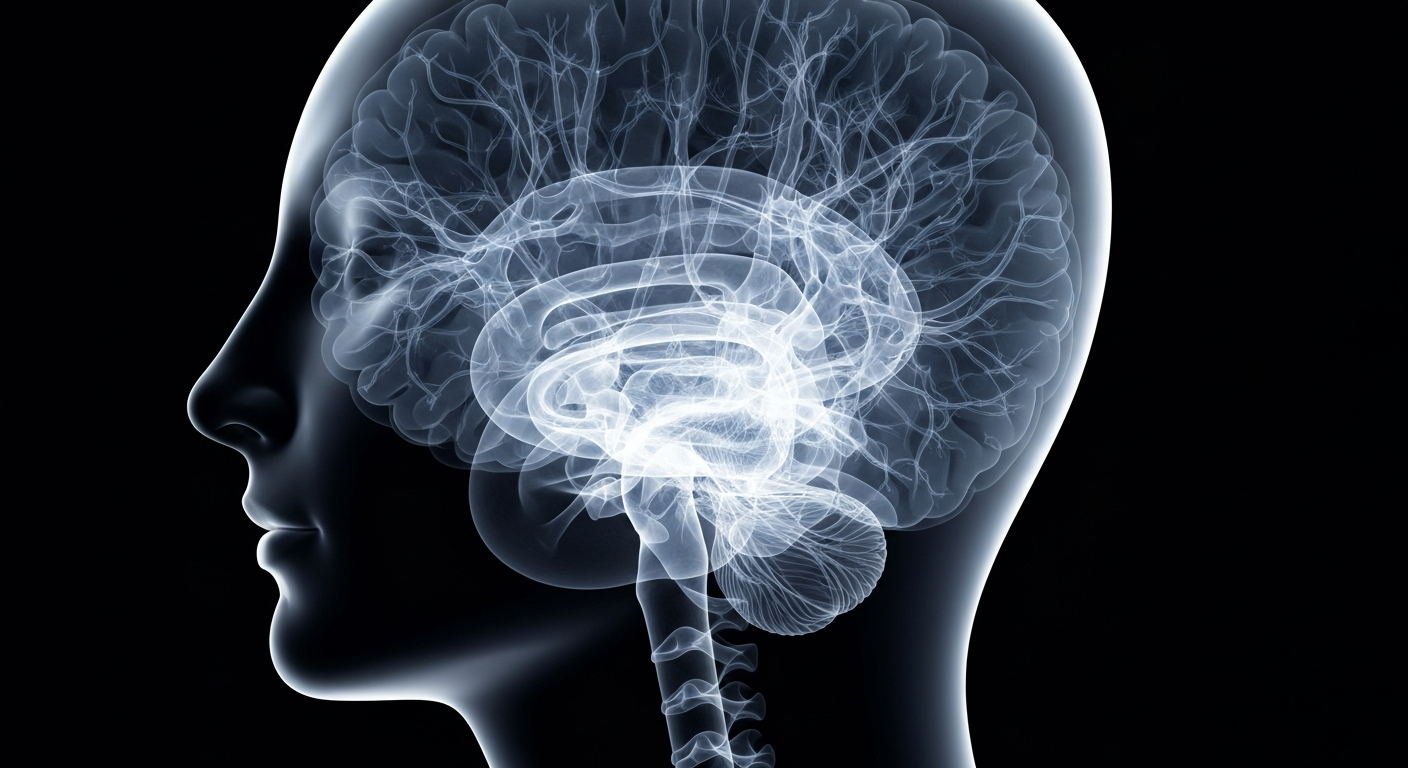 A highly detailed, translucent X-ray-style image revealing the intricate neural structures and connections within the human brain, conceptually representing the complex biological mechanisms involved in autism spectrum disorder.