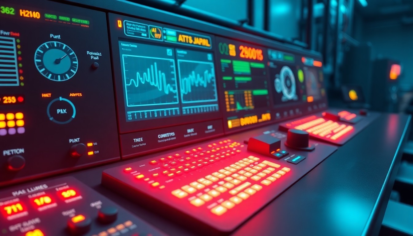 A highly detailed, glowing 3D illustration of a futuristic concrete production control panel, with illuminated buttons, dials, and digital displays, representing the advanced analytics and data access capabilities of Giatec's SmartMix platform.