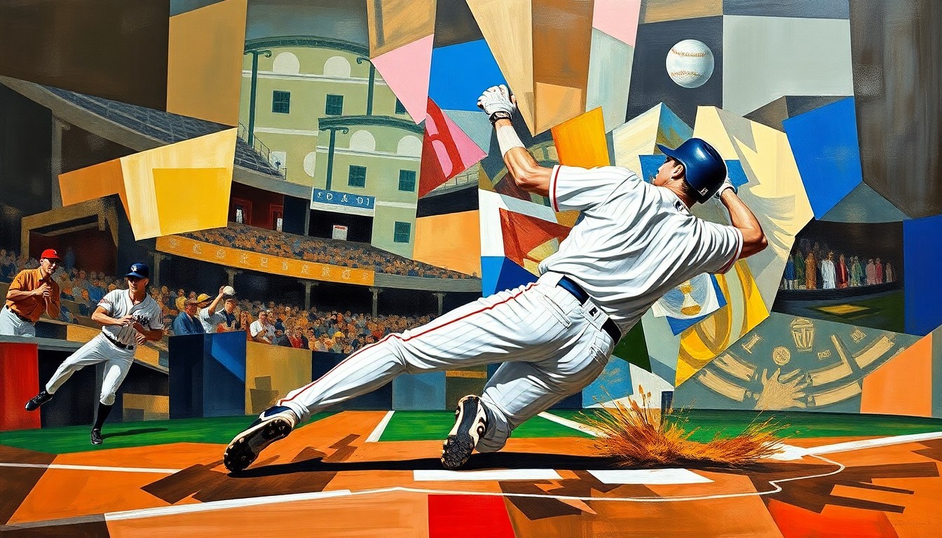 A cubist-style painting depicting a baseball player sliding into home plate, the action broken down into sharp, overlapping geometric shapes and planes in a vibrant color palette.