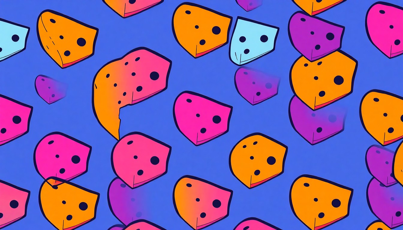 A high-contrast, silkscreen-style illustration featuring a repeated pattern of a single, iconic charcuterie board item such as a wedge of cheese or slice of cured meat, rendered in a bold, neon color palette that transforms the everyday object into modern pop art.